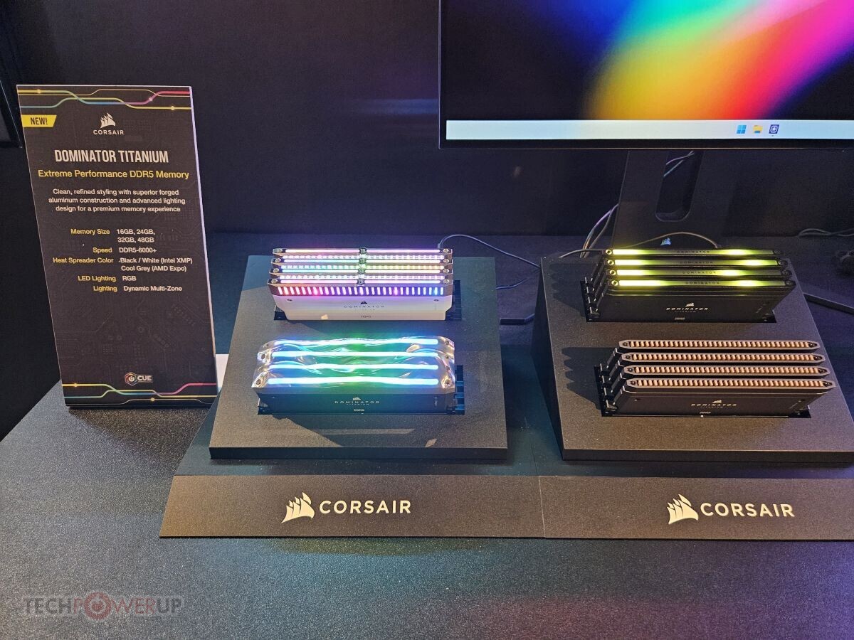 The CORSAIR DOMINATOR Titanium DDR5 Memory, along with its distinctive DHX Fanless Cooling, was captured.